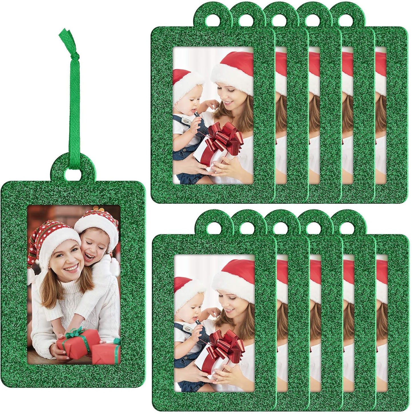 20 Pieces Christmas Photo Frames Ornament Mini Felt Hanging Picture Frame Christmas Tree Hanging Ornament for Family Xmas Holiday Party Decoration, Glitter 5 X 7 Cm(Green)