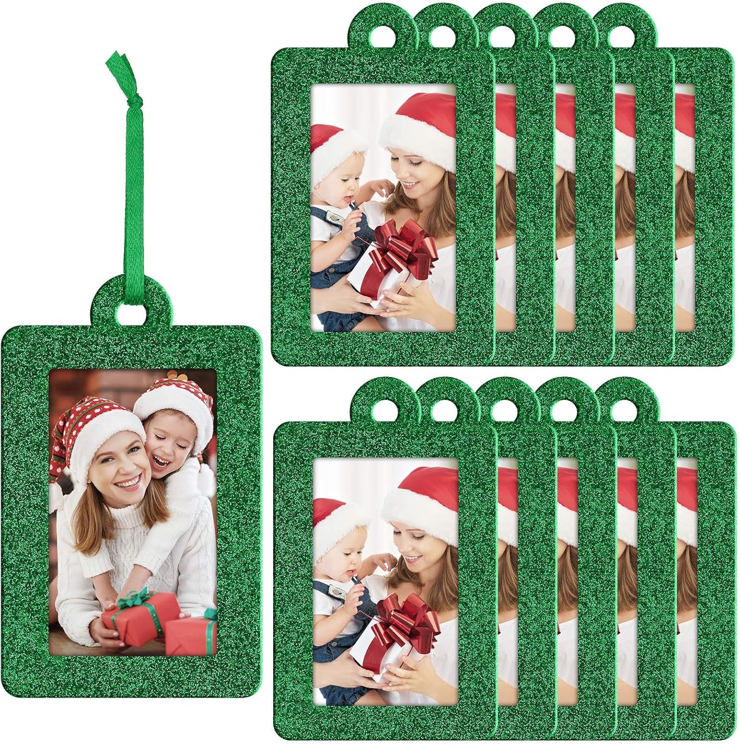 20 Pieces Christmas Photo Frames Ornament Mini Felt Hanging Picture Frame Christmas Tree Hanging Ornament for Family Xmas Holiday Party Decoration, Glitter 5 X 7 Cm(Green)