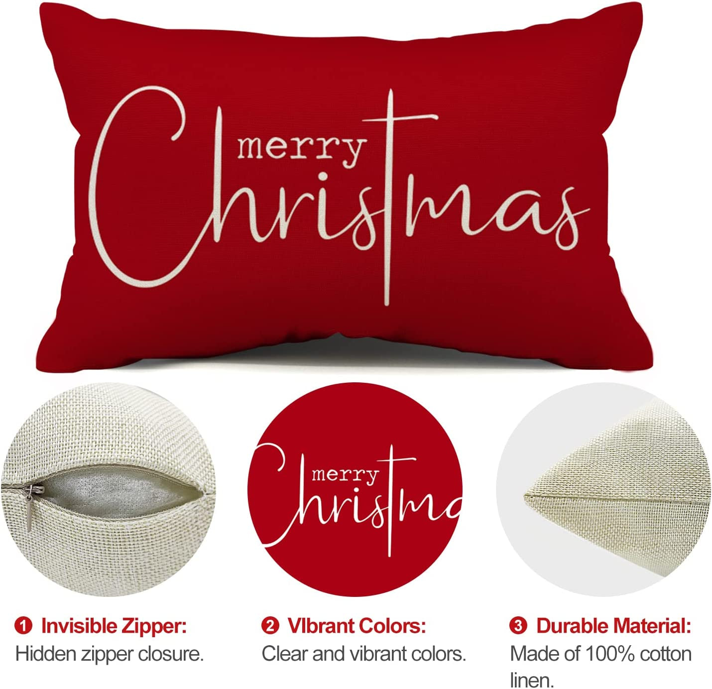 Christmas Pillow Covers Merry Christmas Throw Pillow Decorative Christmas Red Cotton Cloth Linen Cloth Pillow Cover Sofa Cover Decorative Rectangle Length 12X20 Inches