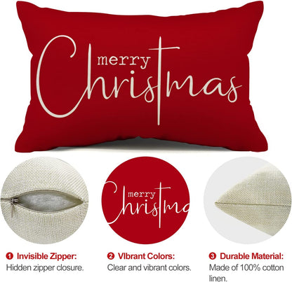 Christmas Pillow Covers Merry Christmas Throw Pillow Decorative Christmas Red Cotton Cloth Linen Cloth Pillow Cover Sofa Cover Decorative Rectangle Length 12X20 Inches