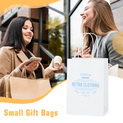 100 Pack White Gift Bags with Handle, 5.25X3.75X8" Small Kraft Paper Bags for Birthday Wedding Party Favors Grocery Retail Business