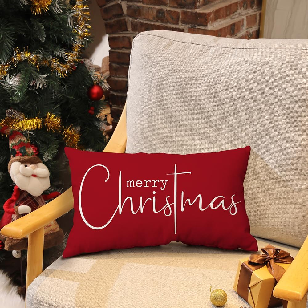 Christmas Pillow Covers Merry Christmas Throw Pillow Decorative Christmas Red Cotton Cloth Linen Cloth Pillow Cover Sofa Cover Decorative Rectangle Length 12X20 Inches