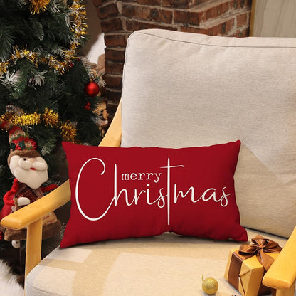 Christmas Pillow Covers Merry Christmas Throw Pillow Decorative Christmas Red Cotton Cloth Linen Cloth Pillow Cover Sofa Cover Decorative Rectangle Length 12X20 Inches