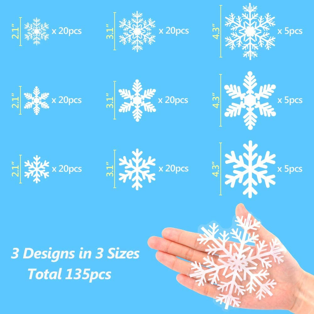 135Pcs Christmas Window Clings Snowflakes Window Decals Static Window Stickers for Christmas Decorations Windows Décor Ornaments Xmas Party Supplies Thanksgiving Party Décor