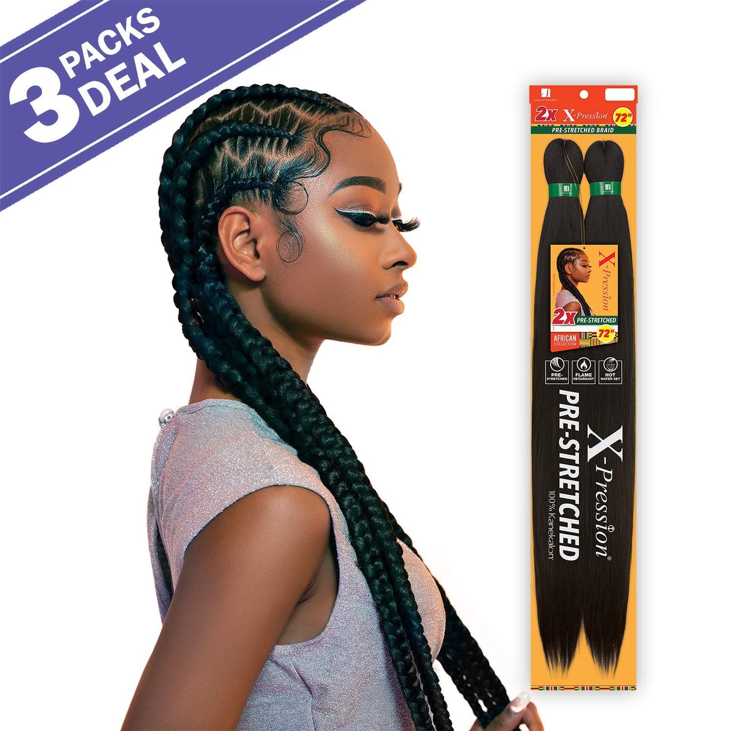 Sensationnal Braids XPRESSION 3X Pre-Stretched Braid 58 Inches (3-Pack, 1B)