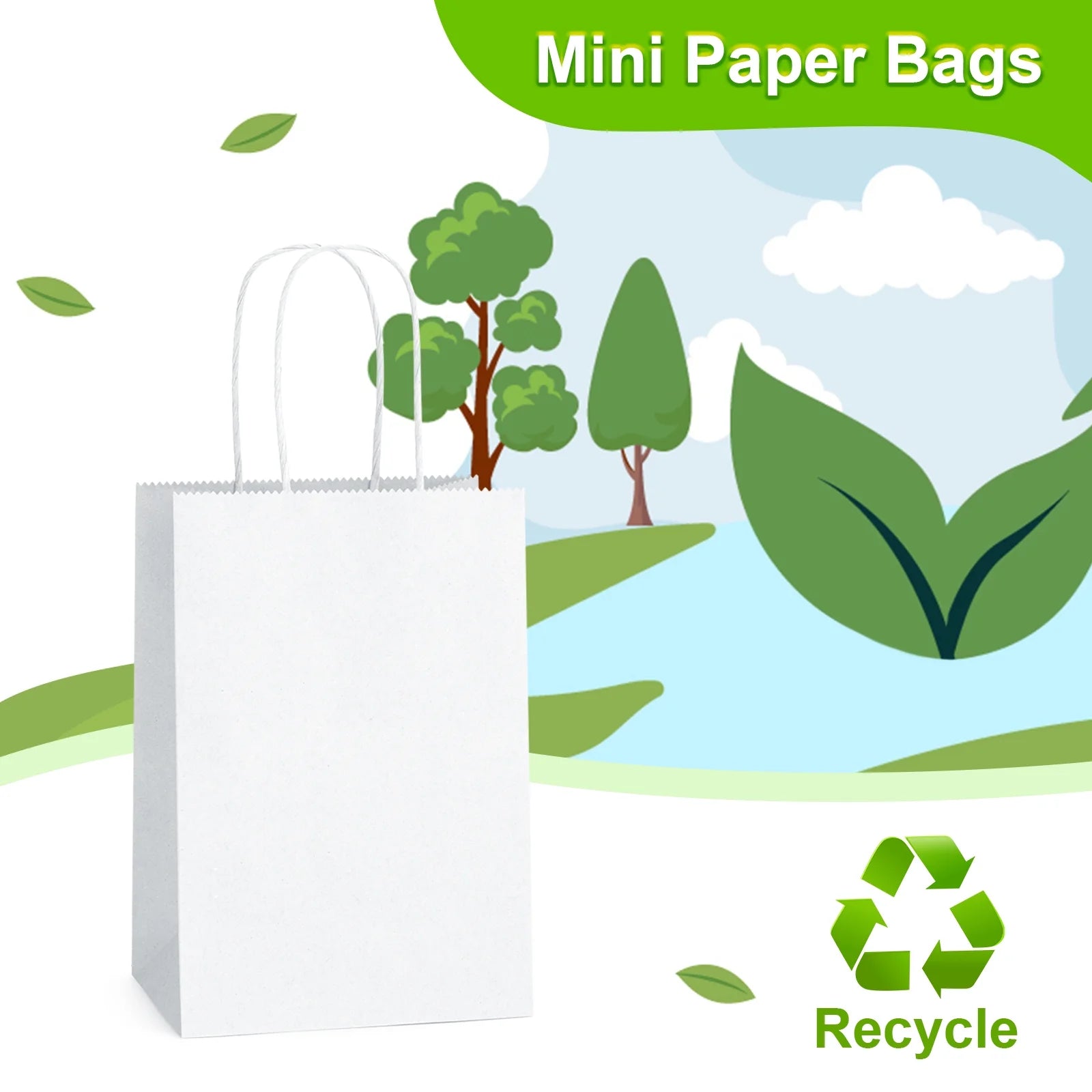 100 Pack White Gift Bags with Handle, 5.25X3.75X8" Small Kraft Paper Bags for Birthday Wedding Party Favors Grocery Retail Business