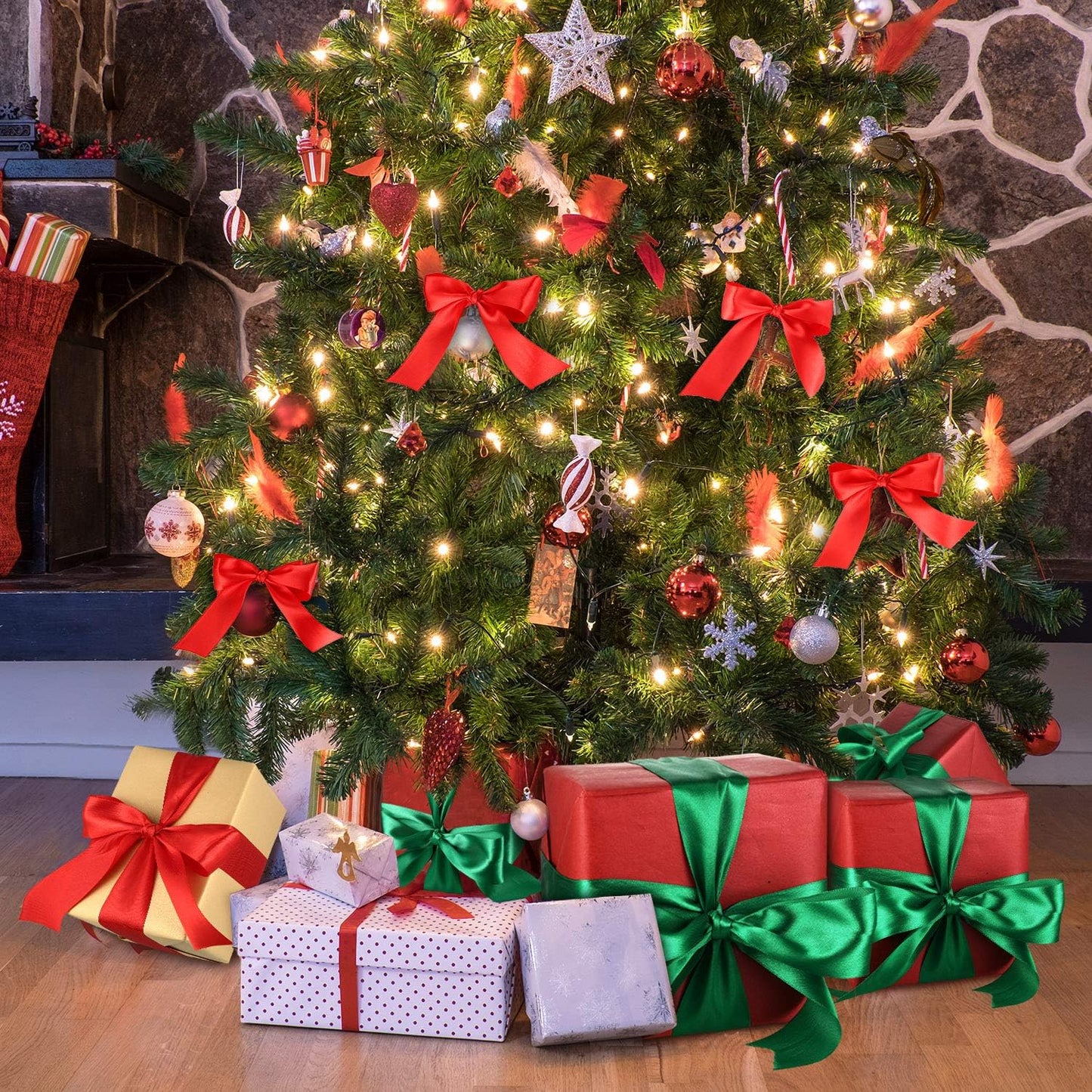 2 Rolls Christmas Satin Ribbon Double Face Polyester Wide Solid Satin Ribbon for Christmas Wedding Gift Wrapping Crafts Decoration Favor(1.5 Inch,Red, Green)