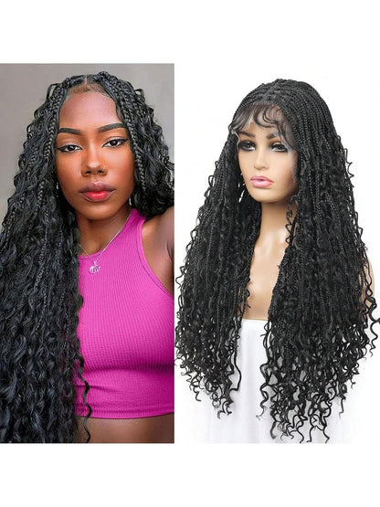 28Inch Boho Knotless Braided Wigs for Black Women Bohemian Box Braided Wigs Double Full Lace Braided Wigs with Baby Hair Synthetic Boho Braid Wig Natural Black (1B, 28 Inch)