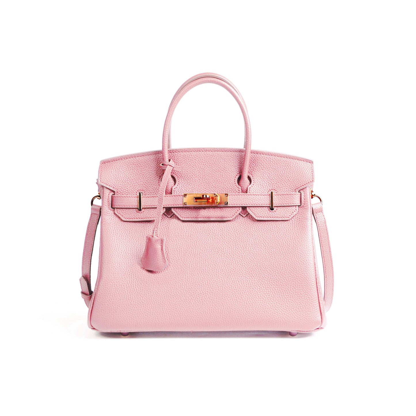 Pink handbag with gold hardware on a white background