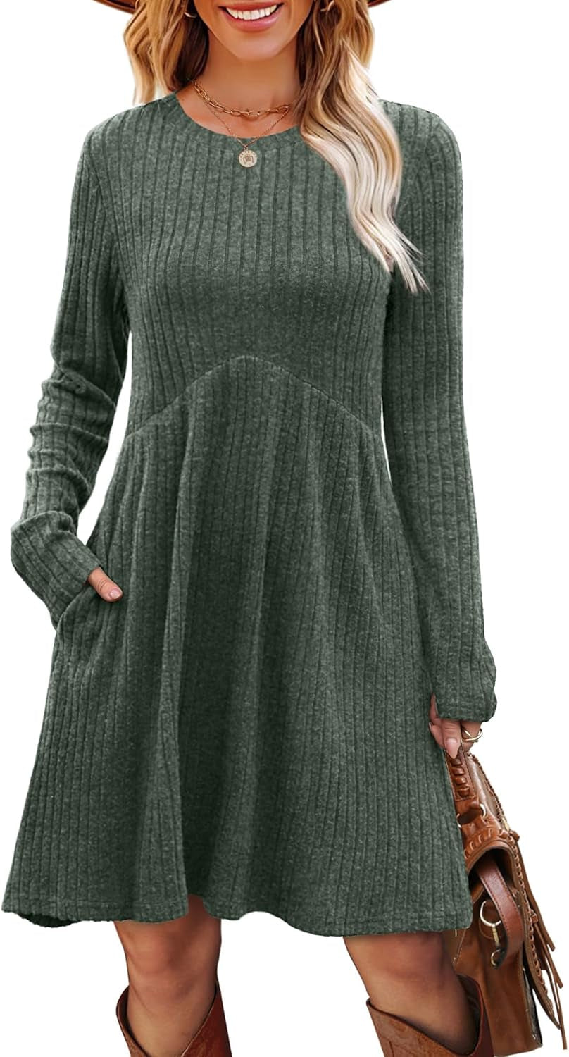 Long Sleeve Dress for Women Crew Neck Empire Waist Tunic Dress with Pockets