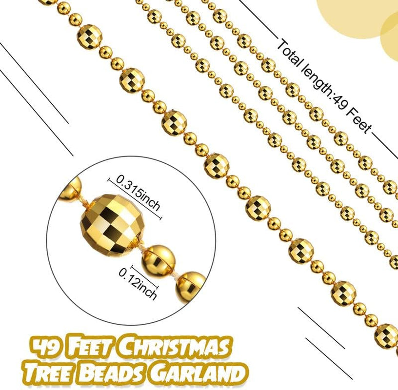 49 Ft Beaded Garland for Christmas Tree Plastic Artificial Pearl Strands String Beads Trim Roll Chain for Xmas DIY Craft Party Decoration Table Centerpiece Wedding Bouquet(Gold)