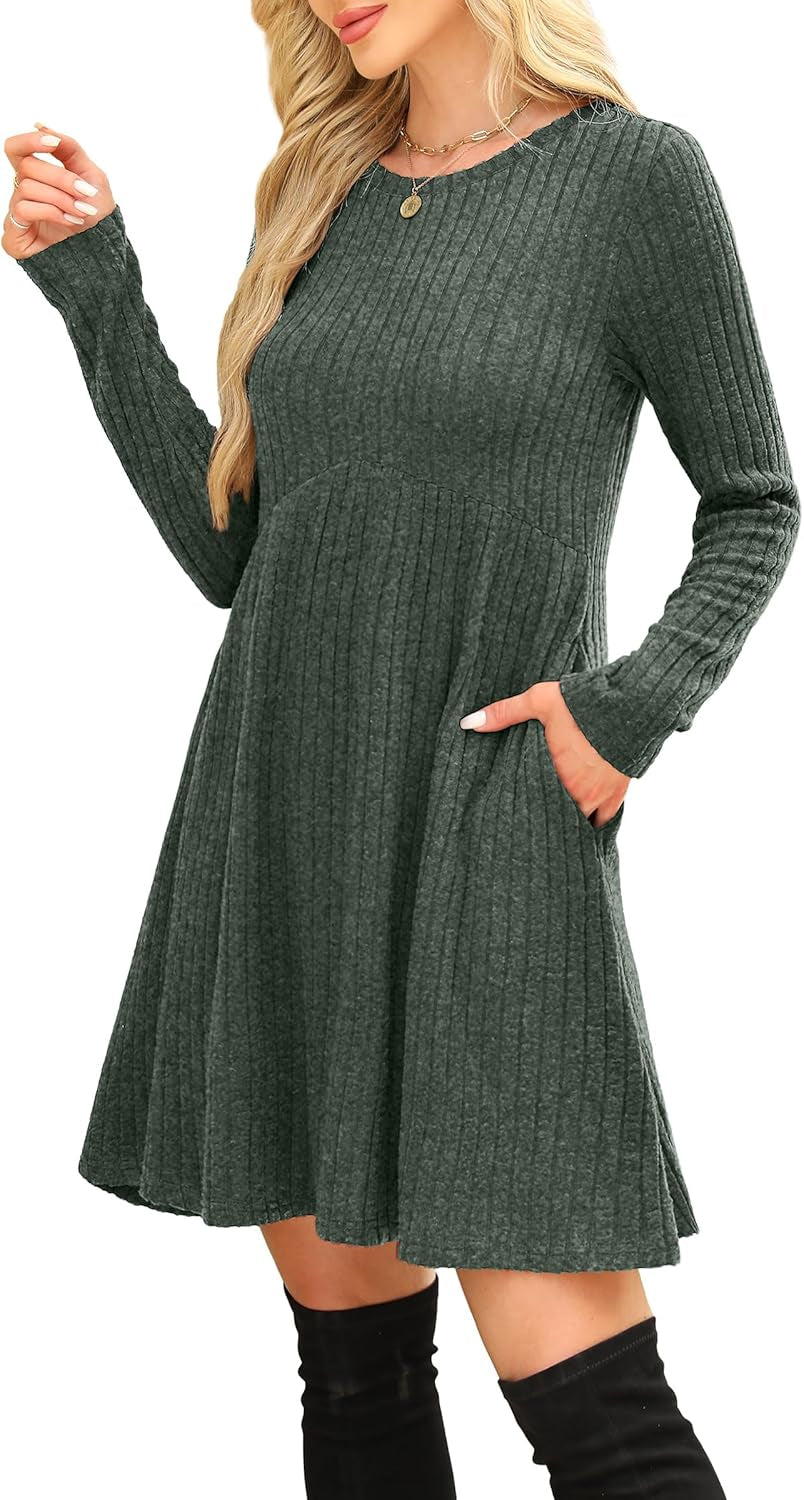 Long Sleeve Dress for Women Crew Neck Empire Waist Tunic Dress with Pockets