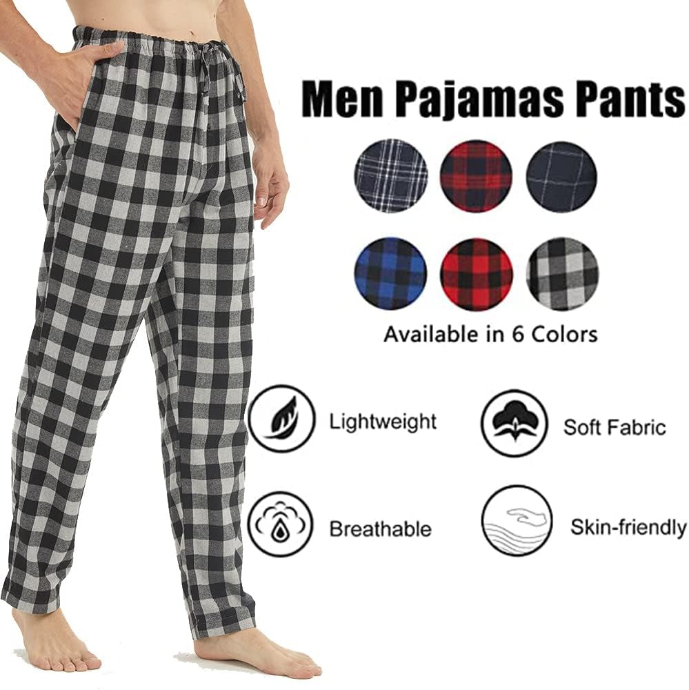 Flannel Mens Pajama Pants 3 Pack Cotton Red Plaid Pajamas Bottoms with Pockets Drawstring Lounge Sleepwear Christmas PJ