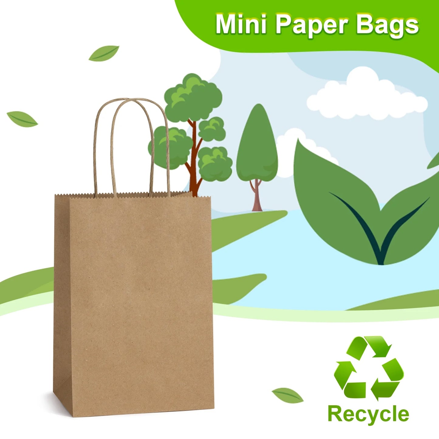 100 Pack Brown Kraft Paper Bags, 5.25X3.75X8 Inches Small Paper Gift Bags with Handles Bulk Shopping Bags for Graduation, Birthday Party and Baby Shower