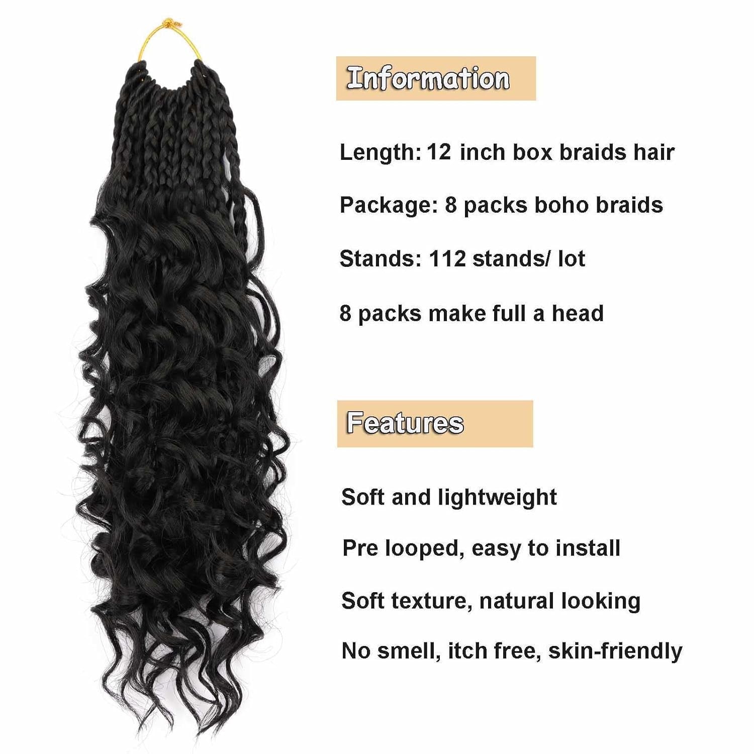 8 Packs Bohemian Box Braid Hair Crochet Box Braids with Curly Ends 12 Inch Godde