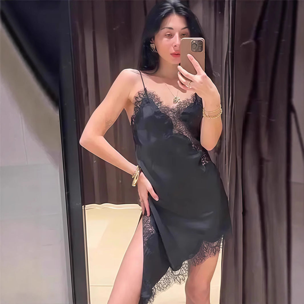 Slip Nightdress Women's Sexy V-neck Lace Matching Irregular Dress