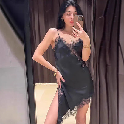 Slip Nightdress Women's Sexy V-neck Lace Matching Irregular Dress