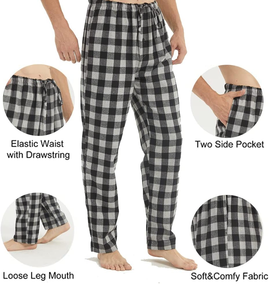 Flannel Mens Pajama Pants 3 Pack Cotton Red Plaid Pajamas Bottoms with Pockets Drawstring Lounge Sleepwear Christmas PJ