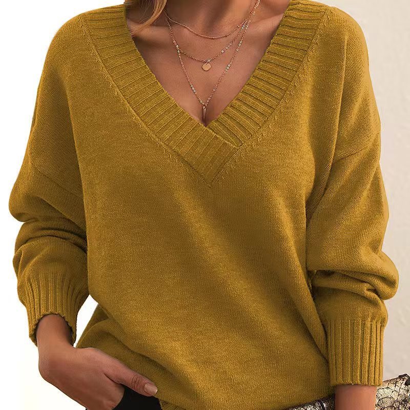 Solid V-neck Sweater Fashion Loose Long-sleeved Knitted Tops Autumn And Winter Women's Clothing