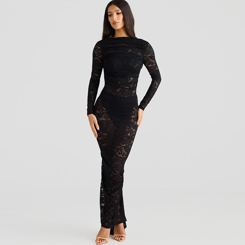 MEROKEETY Women's Fall Long Sleeve Maxi Dresses Bodycon Floral Mesh Sexy Wedding Guest Cocktail Party Dress