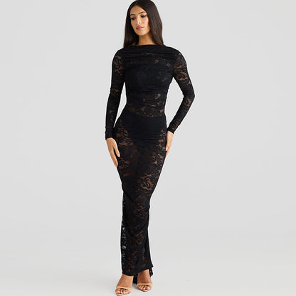 MEROKEETY Women's Fall Long Sleeve Maxi Dresses Bodycon Floral Mesh Sexy Wedding Guest Cocktail Party Dress