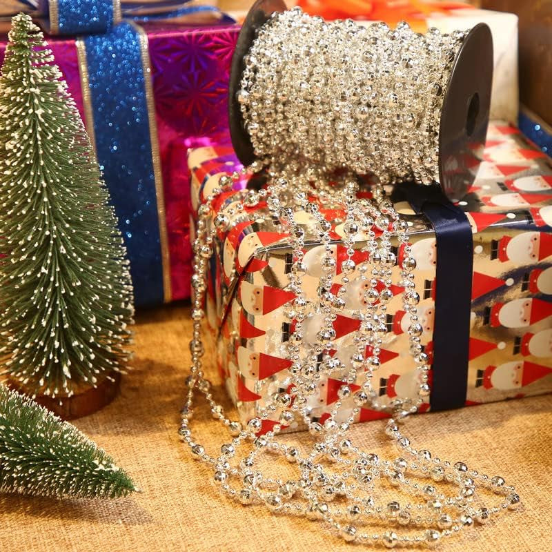 49 Ft Beaded Garland for Christmas Tree Plastic Artificial Pearl Strands String Beads Trim Roll Chain for Xmas DIY Craft Party Decoration Table Centerpiece Wedding Bouquet(Silver)
