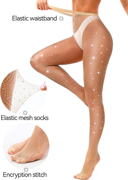 Sexy Sparkly Fishnets Stockings Jeweled High Waist Fishnet Tights for Women Rhinestone Party Pantyhose