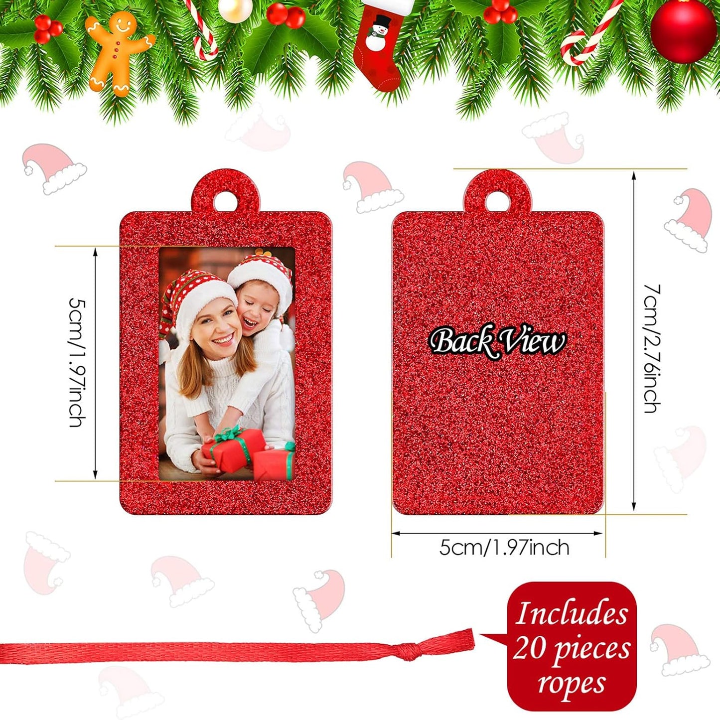 20 Pieces Christmas Photo Frames Ornament Mini Felt Hanging Picture Frame Christmas Tree Hanging Ornament for Family Xmas Holiday Party Decoration, Glitter 5 X 7 Cm(Red)