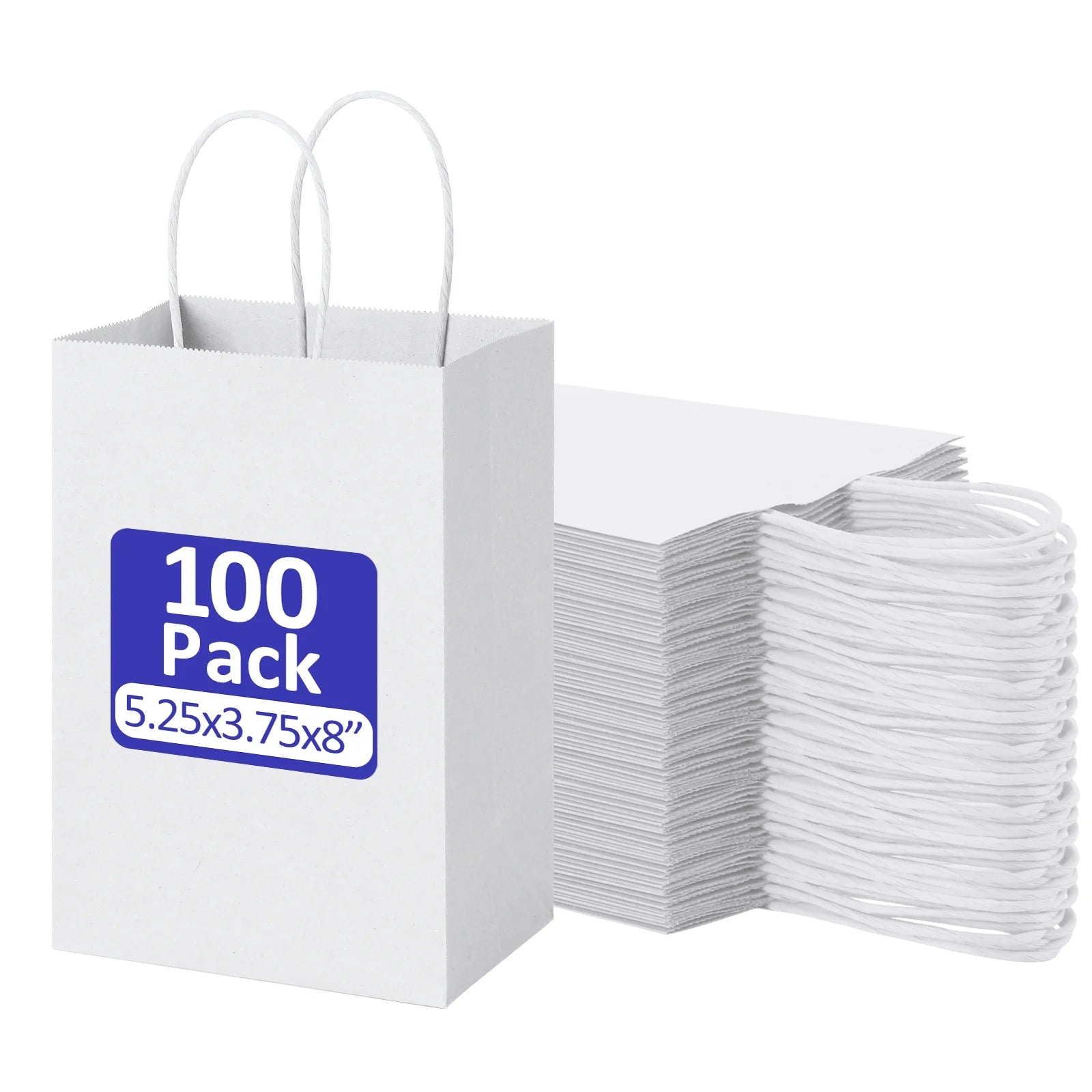 100 Pack White Gift Bags with Handle, 5.25X3.75X8" Small Kraft Paper Bags for Birthday Wedding Party Favors Grocery Retail Business