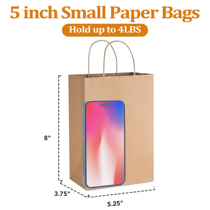 100 Pack Brown Kraft Paper Bags, 5.25X3.75X8 Inches Small Paper Gift Bags with Handles Bulk Shopping Bags for Graduation, Birthday Party and Baby Shower