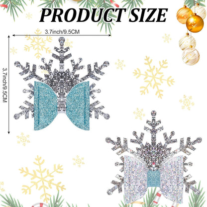 Sparkle This Christmas with 4Pcs Glitter Snowflake Hair Clips - Adorable Blue Bow Accessories for Girls and Teens!