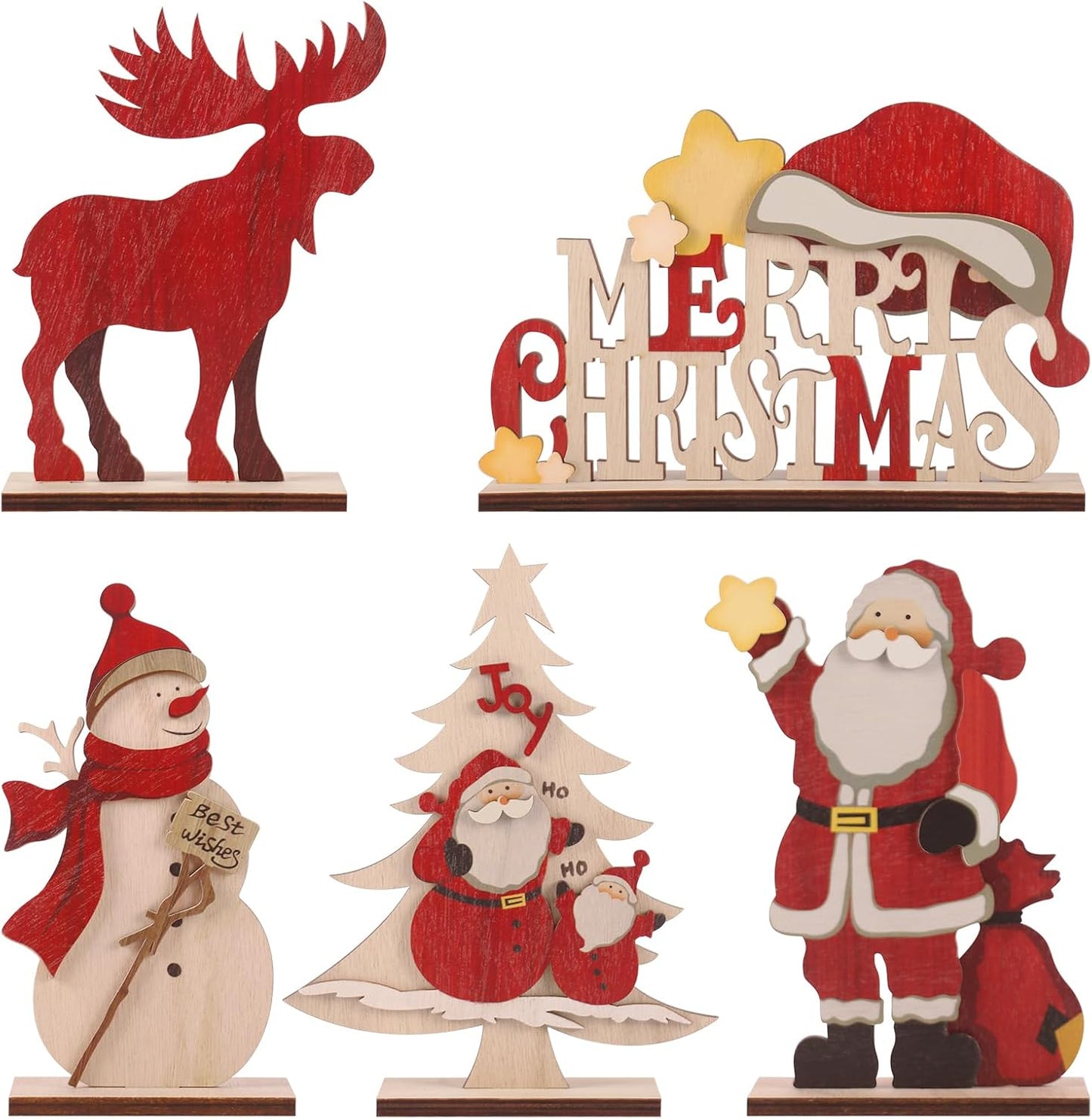 Charming Rustic Wooden Christmas Tabletop Decor Set - 5PCS Featuring Santa, Snowman, Reindeer, and Festive Tree