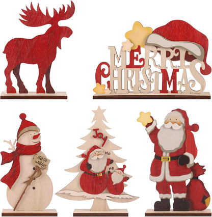 Charming Rustic Wooden Christmas Tabletop Decor Set - 5PCS Featuring Santa, Snowman, Reindeer, and Festive Tree