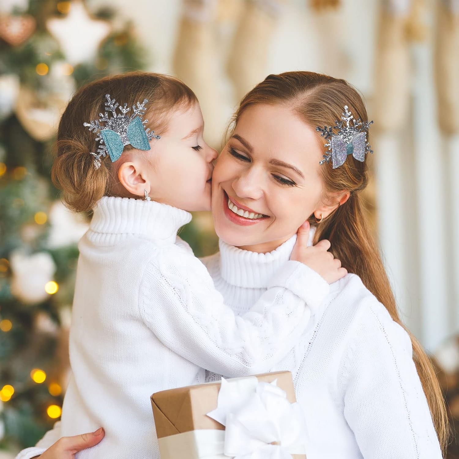 Sparkle This Christmas with 4Pcs Glitter Snowflake Hair Clips - Adorable Blue Bow Accessories for Girls and Teens!