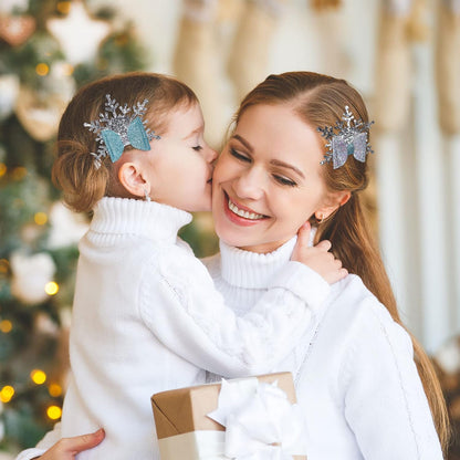 Sparkle This Christmas with 4Pcs Glitter Snowflake Hair Clips - Adorable Blue Bow Accessories for Girls and Teens!