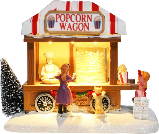 Charming Vintage Popcorn Wagon Christmas Village House with LED Train Figurine - Perfect Holiday Decor