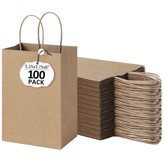 100 Pack Brown Kraft Paper Bags, 5.25X3.75X8 Inches Small Paper Gift Bags with Handles Bulk Shopping Bags for Graduation, Birthday Party and Baby Shower