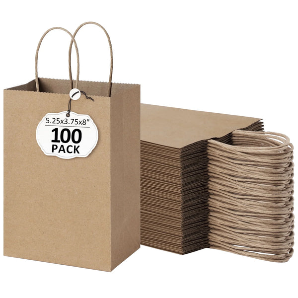 100 Pack Brown Kraft Paper Bags, 5.25X3.75X8 Inches Small Paper Gift Bags with Handles Bulk Shopping Bags for Graduation, Birthday Party and Baby Shower